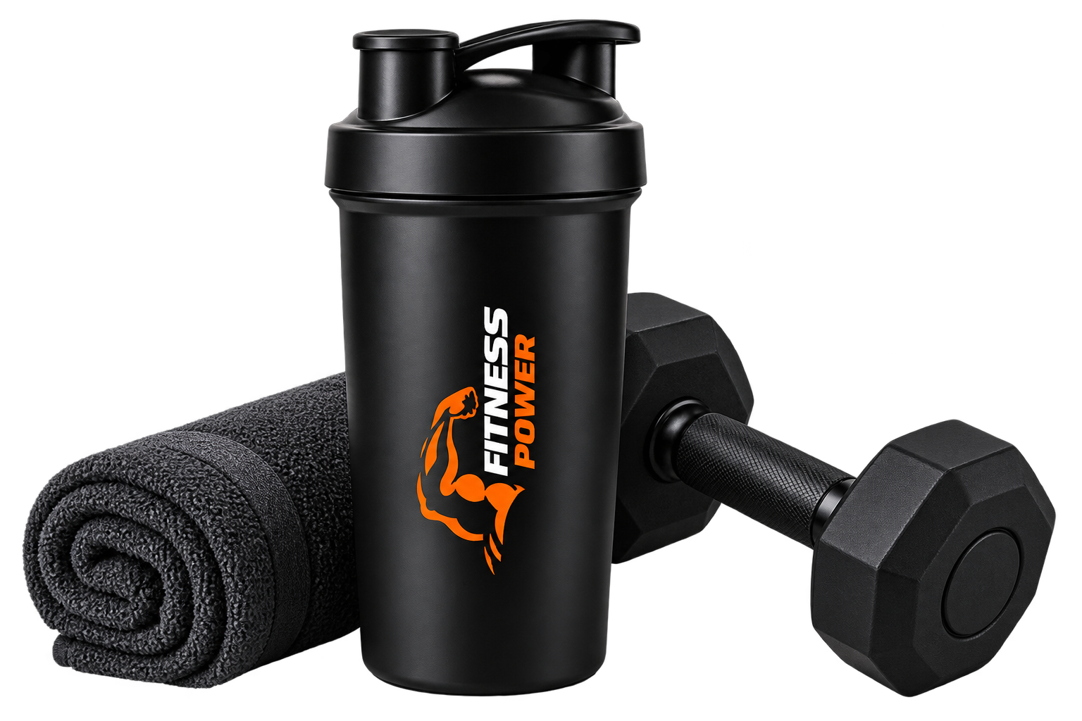 Shaker bottle, towel, and dumbbells