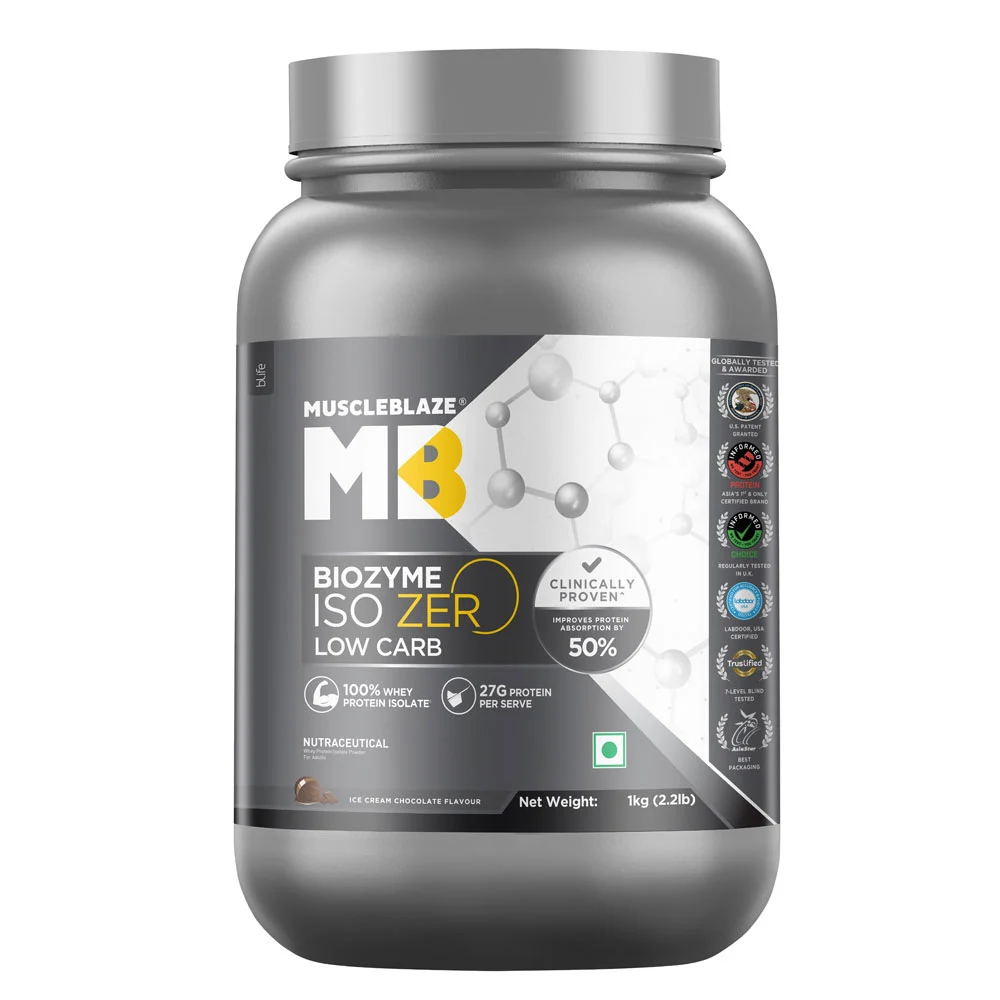 MuscleBlaze Biozyme Iso-Zero, 1 kg (2.2 lb), Low Carb Ice Cream Chocolate (Ice Cream Chocolate)